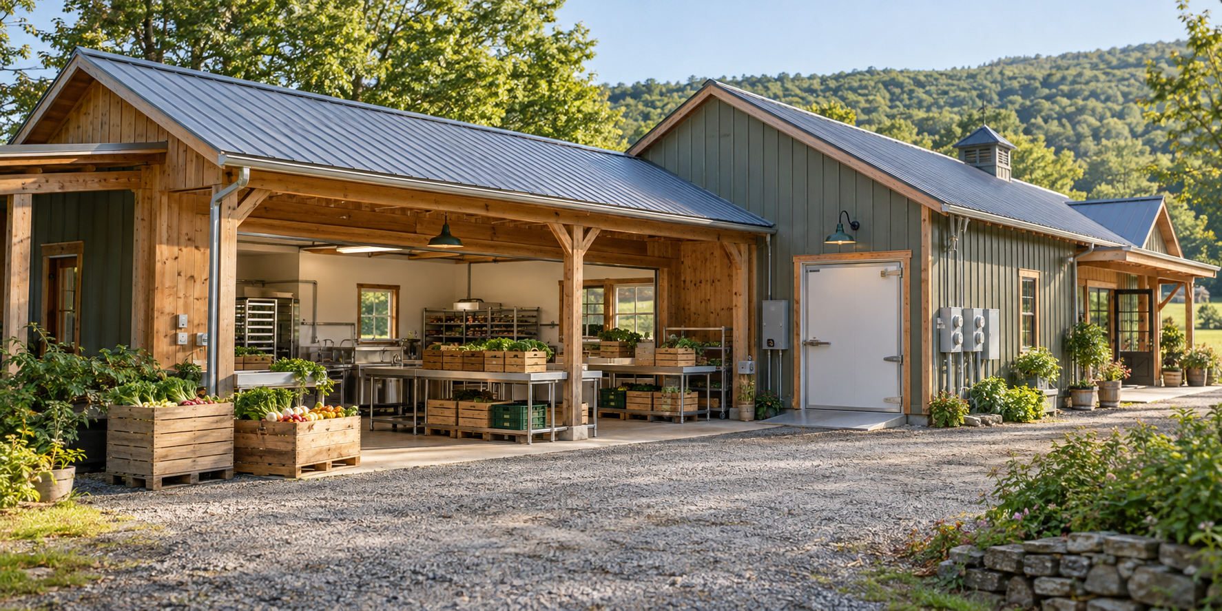 Illustrative rural produce business with packing space, insulated storage and electrical service meters