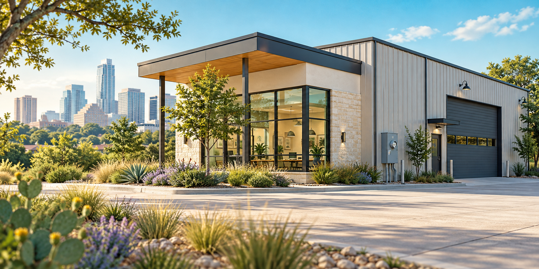 Illustrative commercial office and workshop with utility metering and a generic Texas urban backdrop