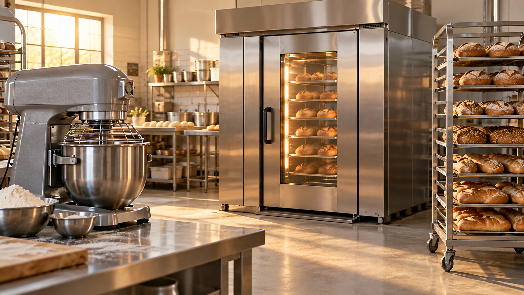 Illustrative commercial bakery with a stainless-steel oven, mixer and bread racks