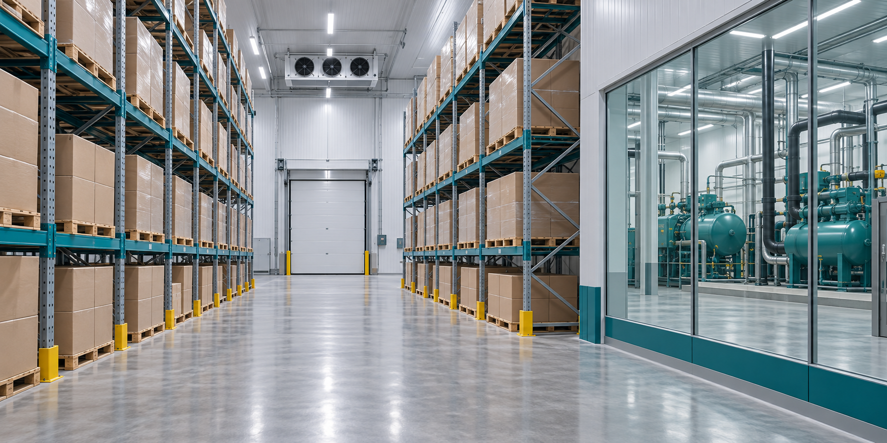 Illustrative refrigerated warehouse with pallet racks and a separate enclosed plant area