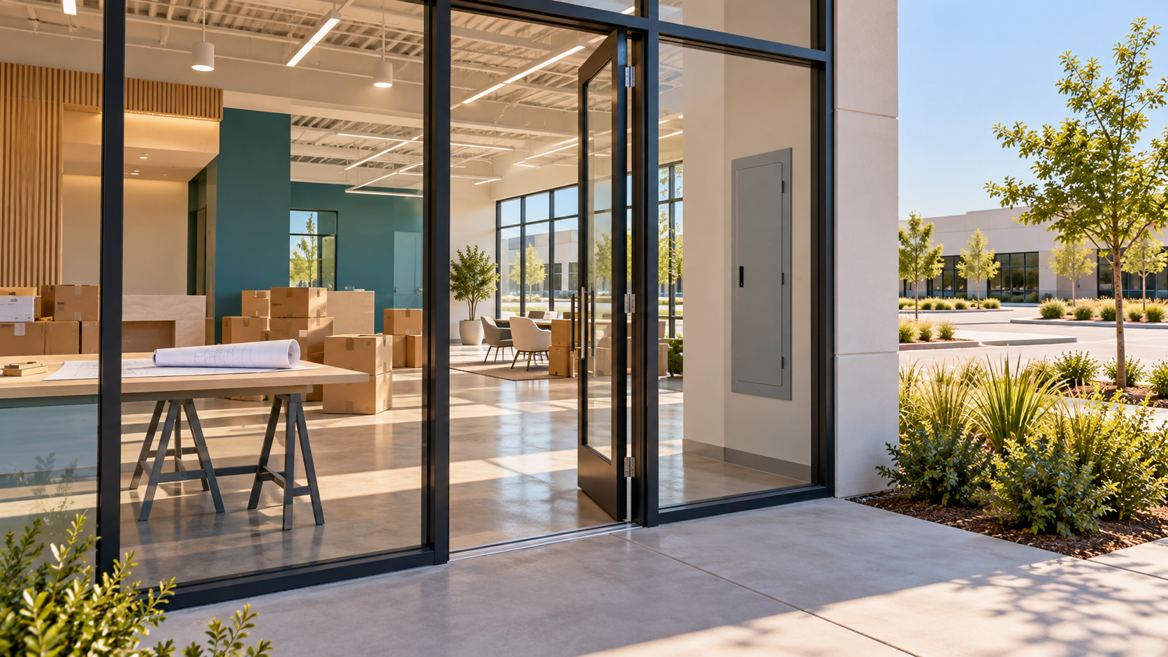 Illustrative commercial tenant space with moving boxes, a planning table and a closed electrical panel