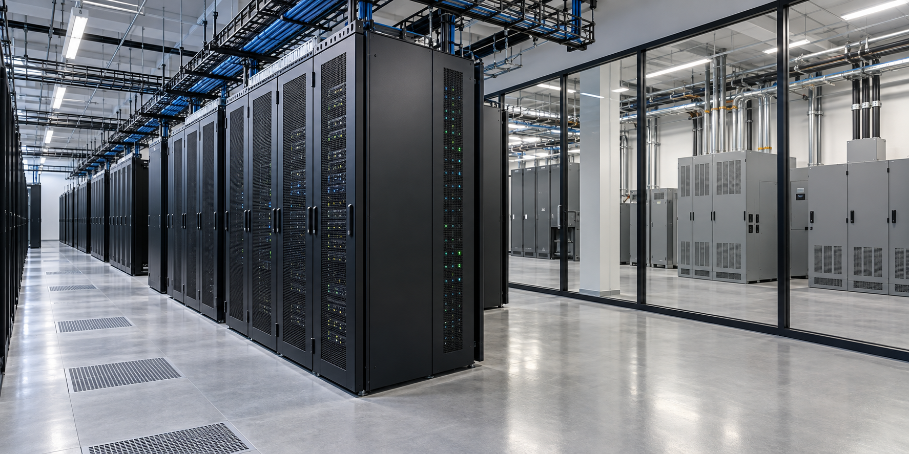 Illustrative data center with server racks and a separate UPS and electrical distribution area