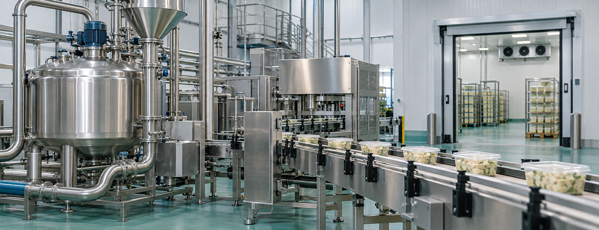 Illustrative food-processing hall with stainless-steel mixing equipment, a packaging conveyor and refrigerated storage