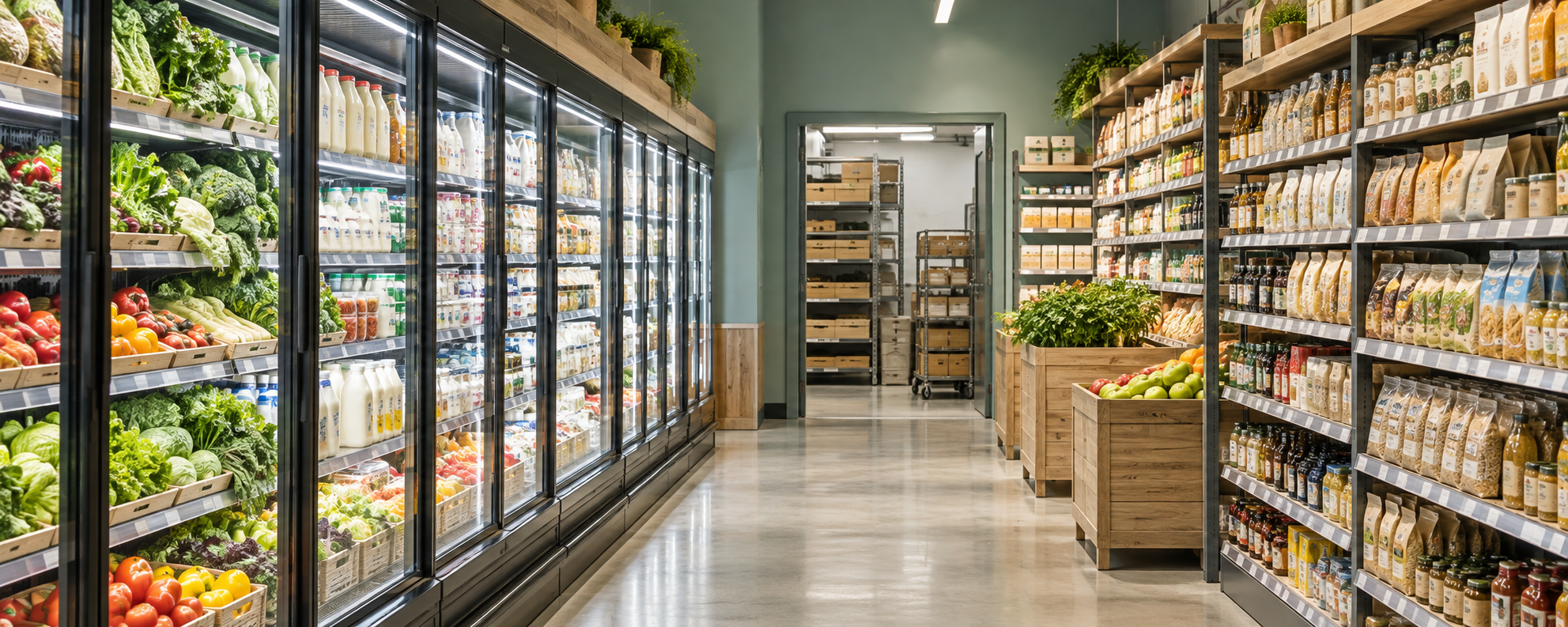 Illustrative grocery aisle with refrigerated displays, ambient shelving and backroom storage