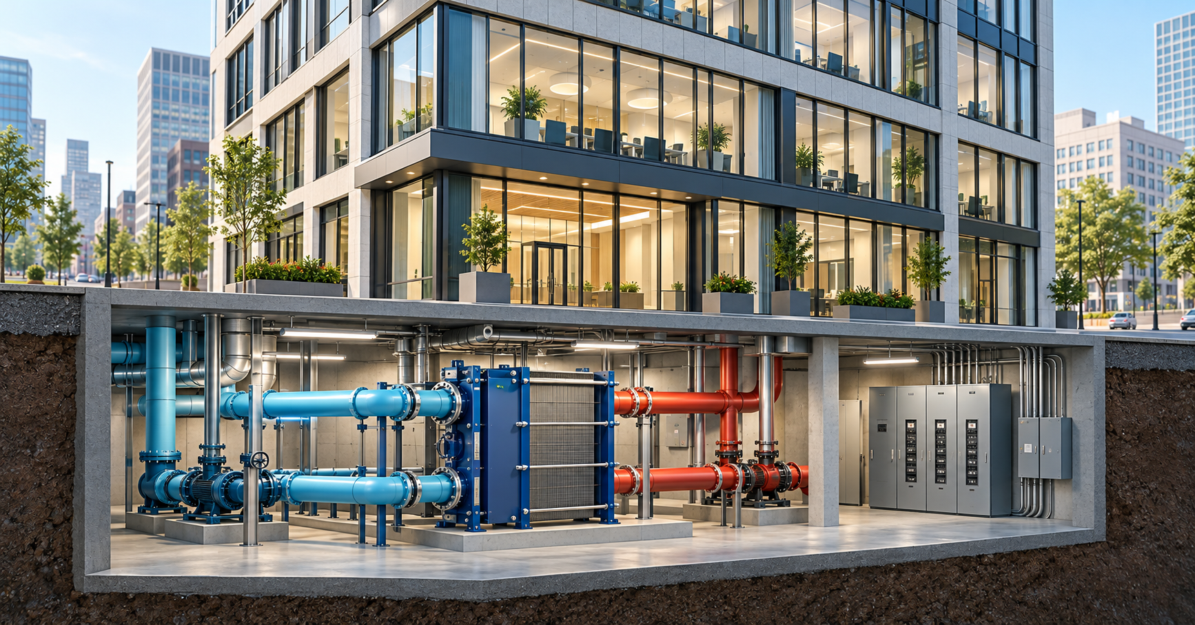 Conceptual commercial building cutaway showing thermal-service equipment and a separate electrical service panel