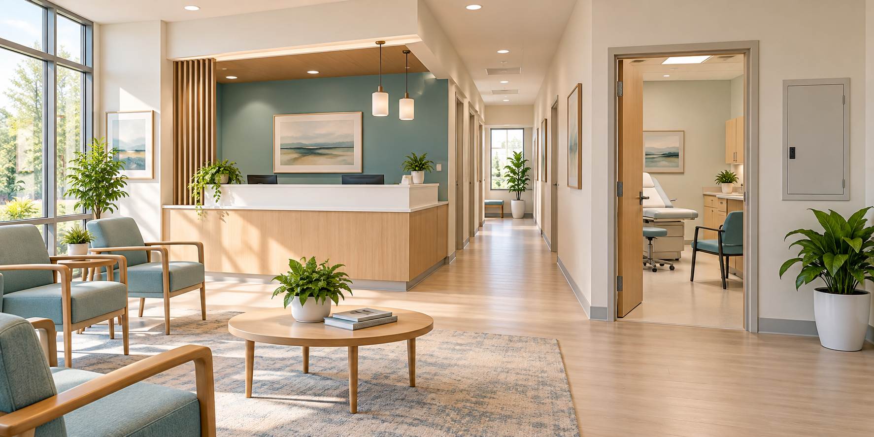Illustrative outpatient clinic reception, waiting area and unoccupied consultation room