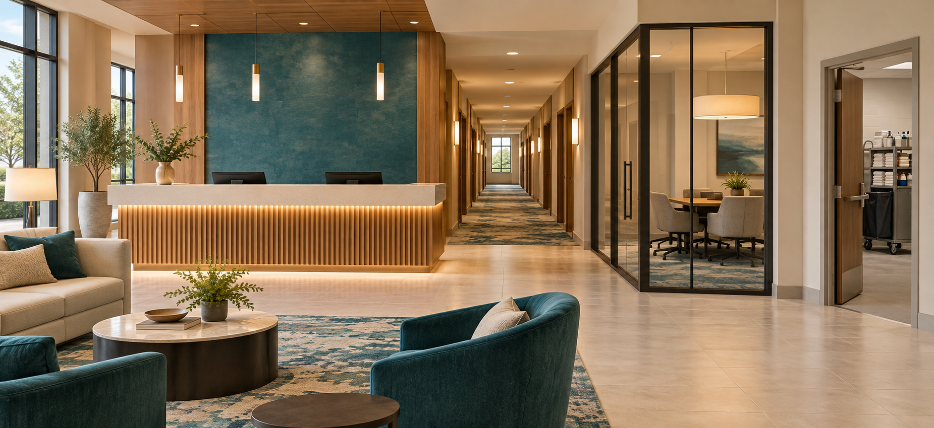 Illustrative hotel lobby with guest corridor, meeting room and housekeeping area