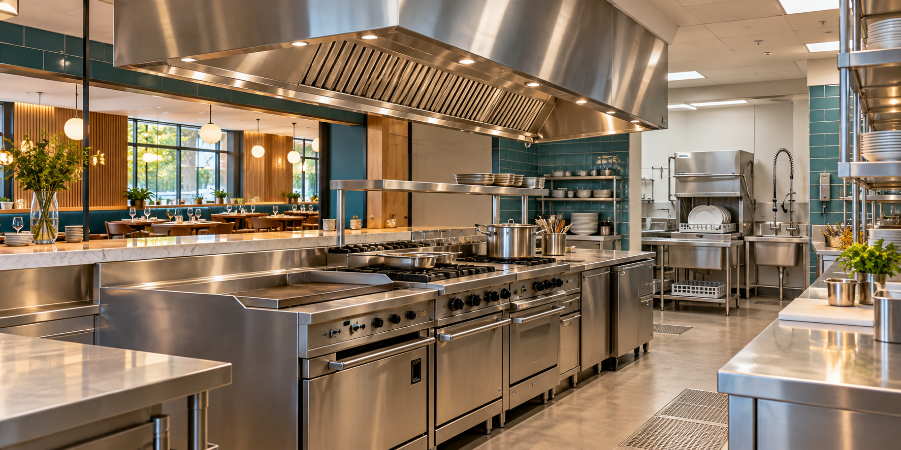 Illustrative restaurant kitchen with a commercial ventilation hood, cookline and warewashing area